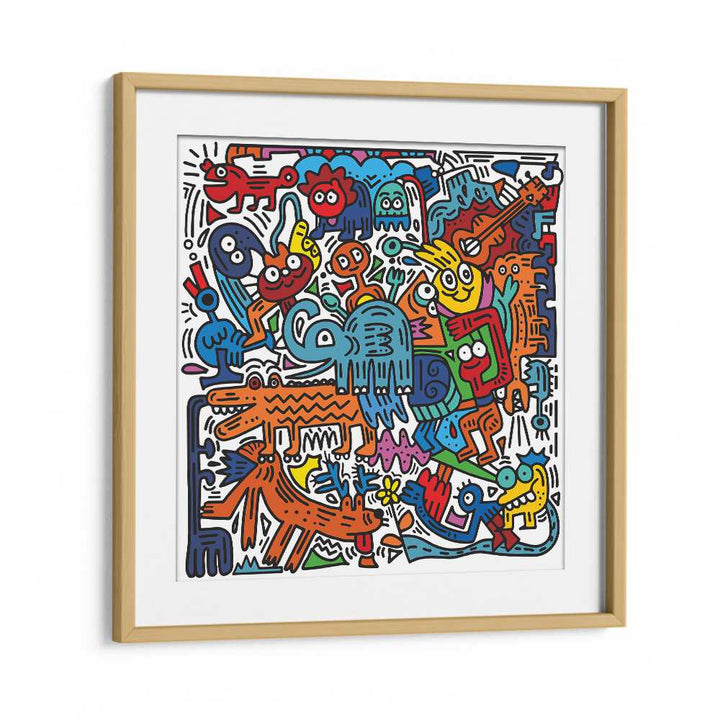 Vibrant TOONY CARNIVAL, COMIC POSTERS in oak frame, perfect for adding energy to your space by Asianmonk.