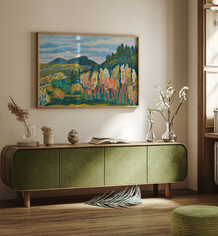 Vibrant TREES OF FALL, LANDSCAPE PAINTINGS enhancing a cozy interior with autumn's serene beauty. Perfect for any space.