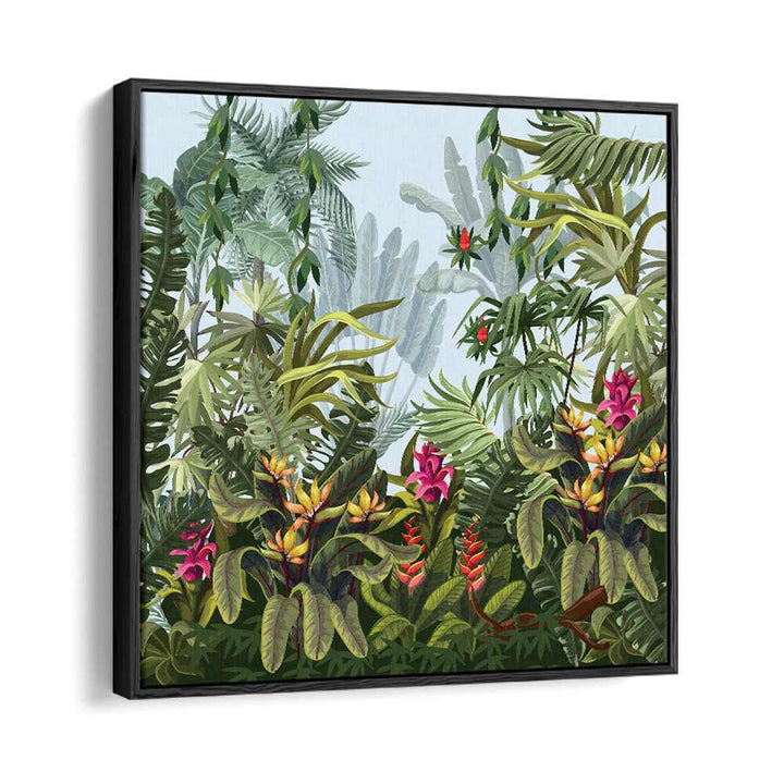 Vibrant TROPICAL FOREST, FLORAL FLOWER PAINTINGS in a black floater frame, perfect for enhancing your decor.