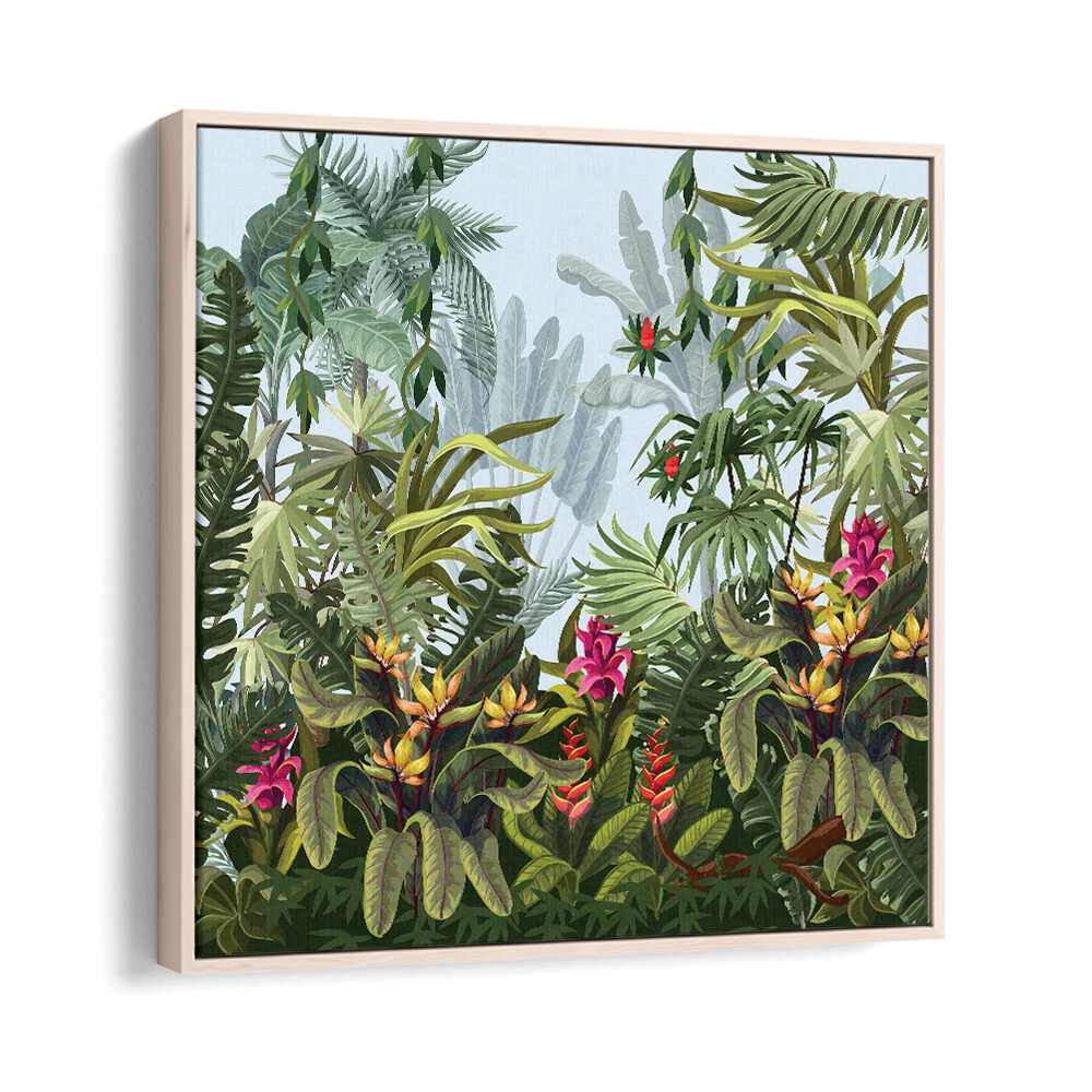 Lush greenery and vibrant blooms in TROPICAL FOREST , FLORAL FLOWER PAINTINGS create a serene home oasis.
