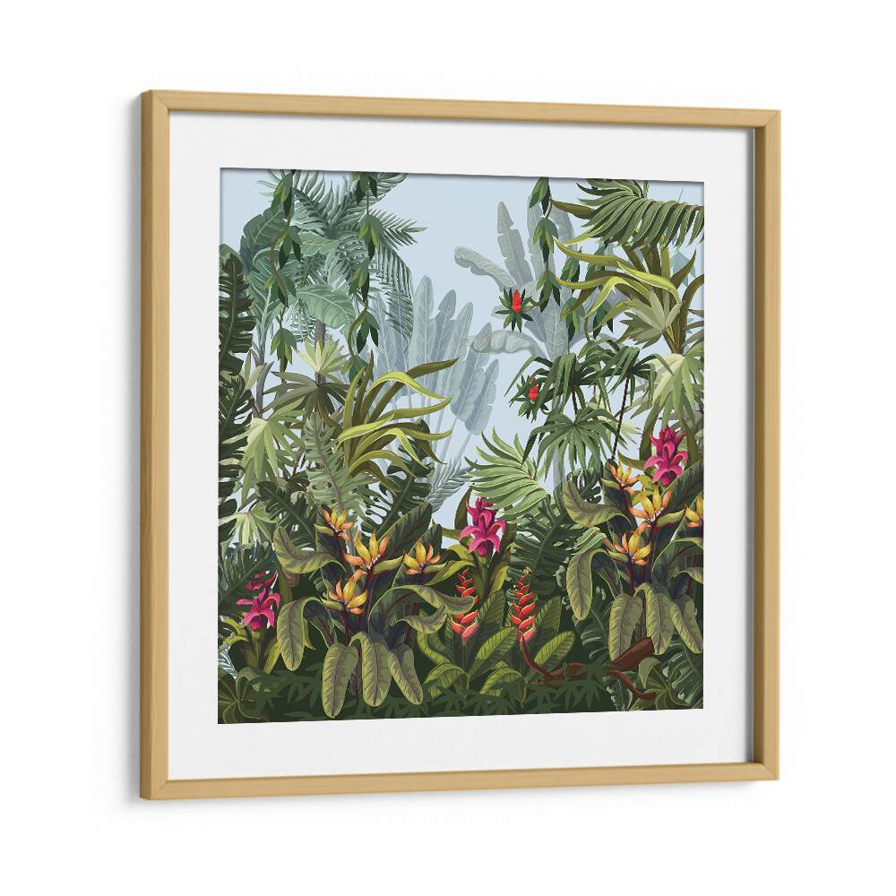 Vibrant TROPICAL FOREST , FLORAL FLOWER PAINTINGS in a wooden frame, enhancing your space with nature's beauty.