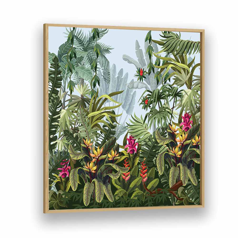 Lush tropical forest scene featuring vibrant floral flower paintings, perfect for a serene living space.