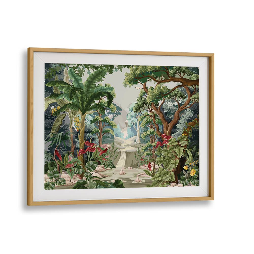 Vibrant TROPICAL JUNGLE, FLORAL FLOWER PAINTINGS enrich your home with nature's beauty in a stylish oak frame.