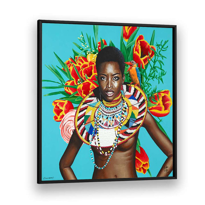 Vibrant "TU LO SIENTES, AFRICAN ART PAINTINGS" by Christian Beijer showcases stunning African culture in a framed canvas.