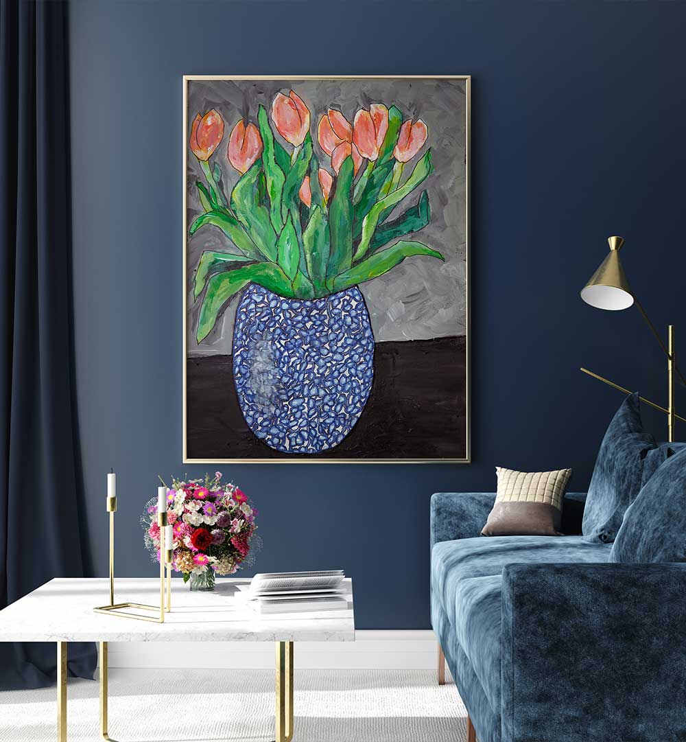 Vibrant tulips in a blue vase showcased in TULIPS IN BLUE VASE I, FLORAL FLOWER PAINTINGS for a serene home ambiance.