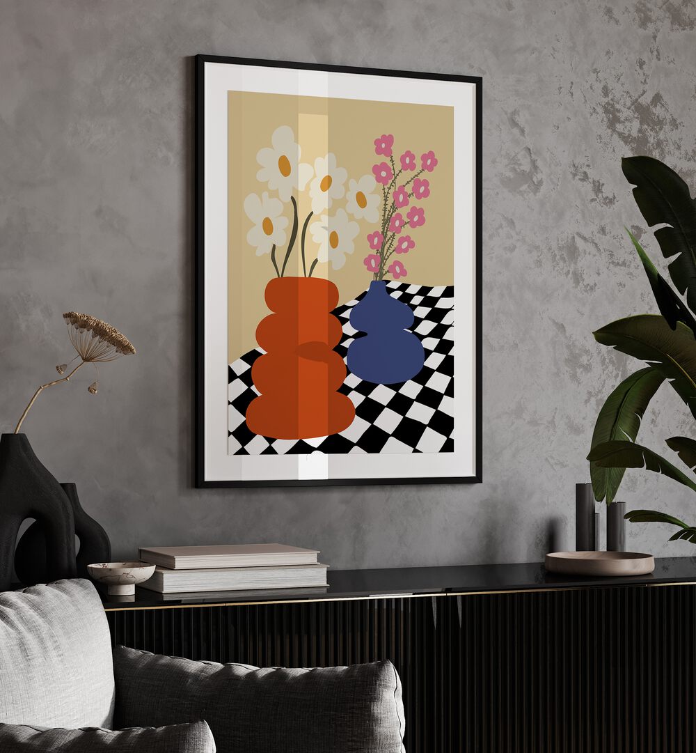 Two Blooming Pottery, Botanical Art Paintings Artwork in Black Frame With Mount
placed on a Grey Colored Wall
placed above a Console Table