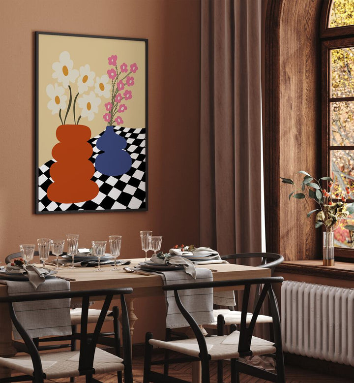 Two Blooming Pottery, Botanical Art Paintings Artwork in Black Plain Frame
placed on a Brown Colored Wall
near a Dining Table
in the Dining Room