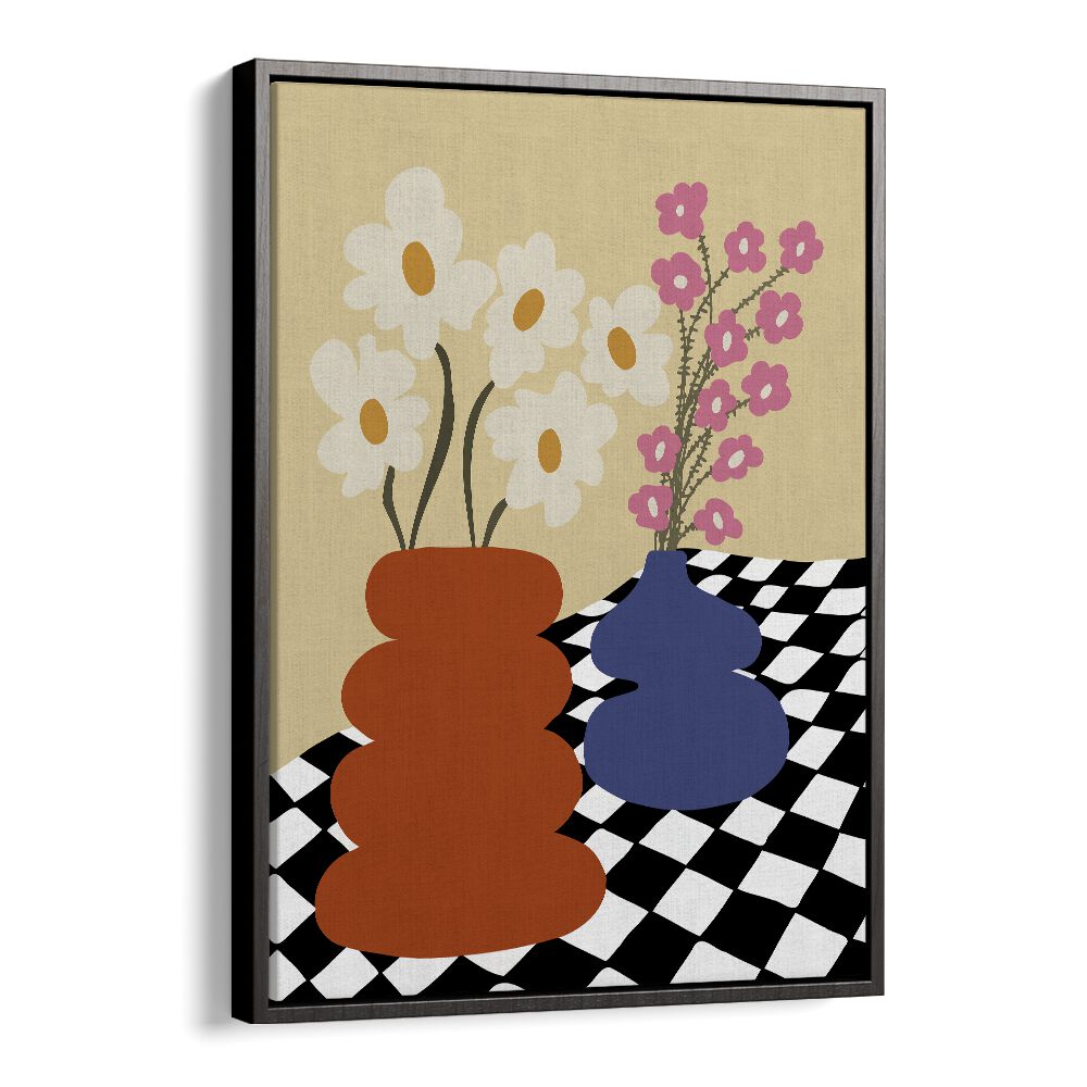 Two Blooming Pottery, Botanical Art Paintings Artwork in Black Floater Frame