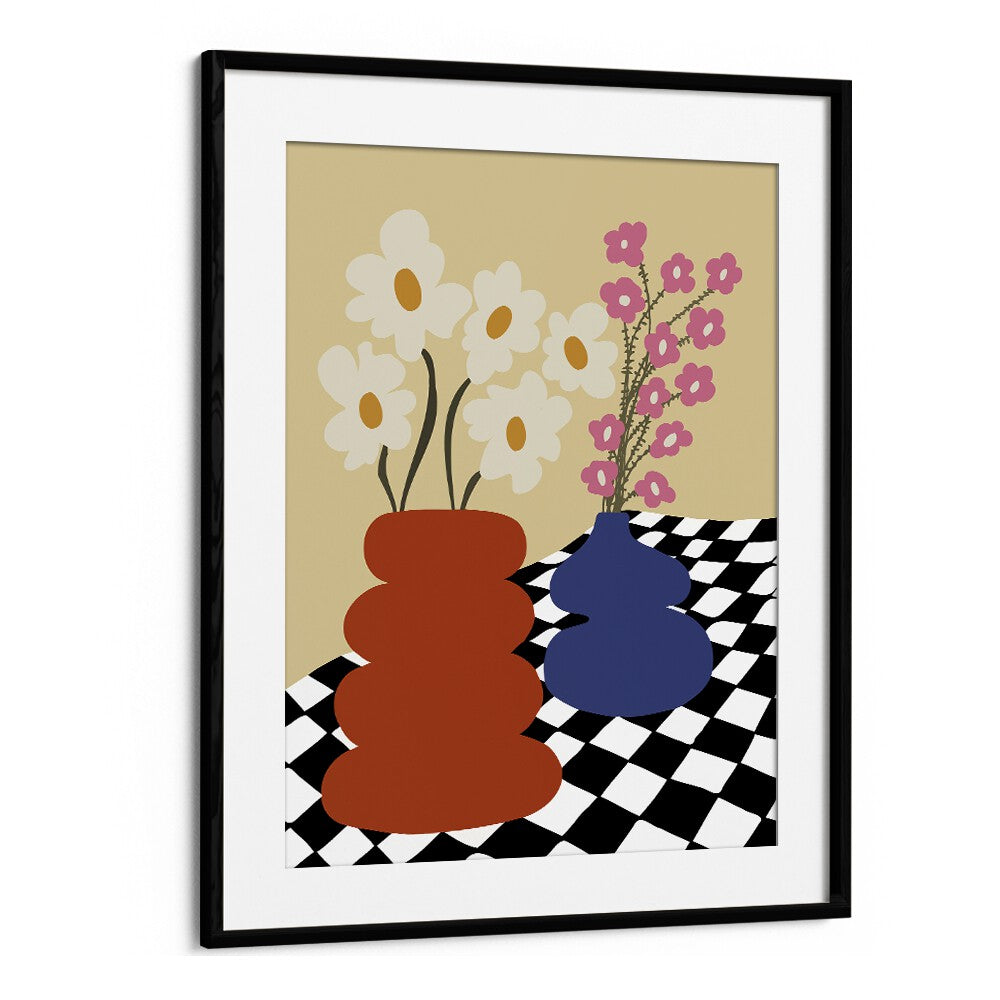 Two Blooming Pottery, Botanical Art Paintings Artwork in Black Frame With Mount