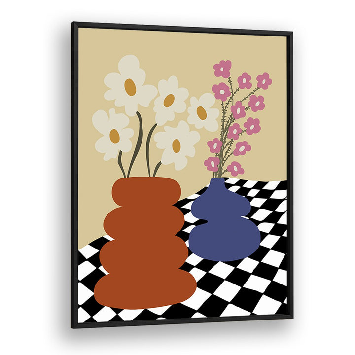 Two Blooming Pottery, Botanical Art Paintings Artwork in Black Plain Frame