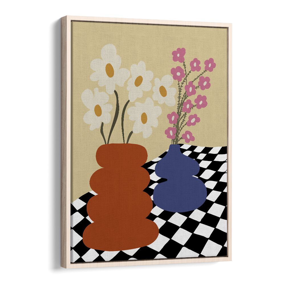 Two Blooming Pottery, Botanical Art Paintings Artwork in Oak Wood Floater Frame