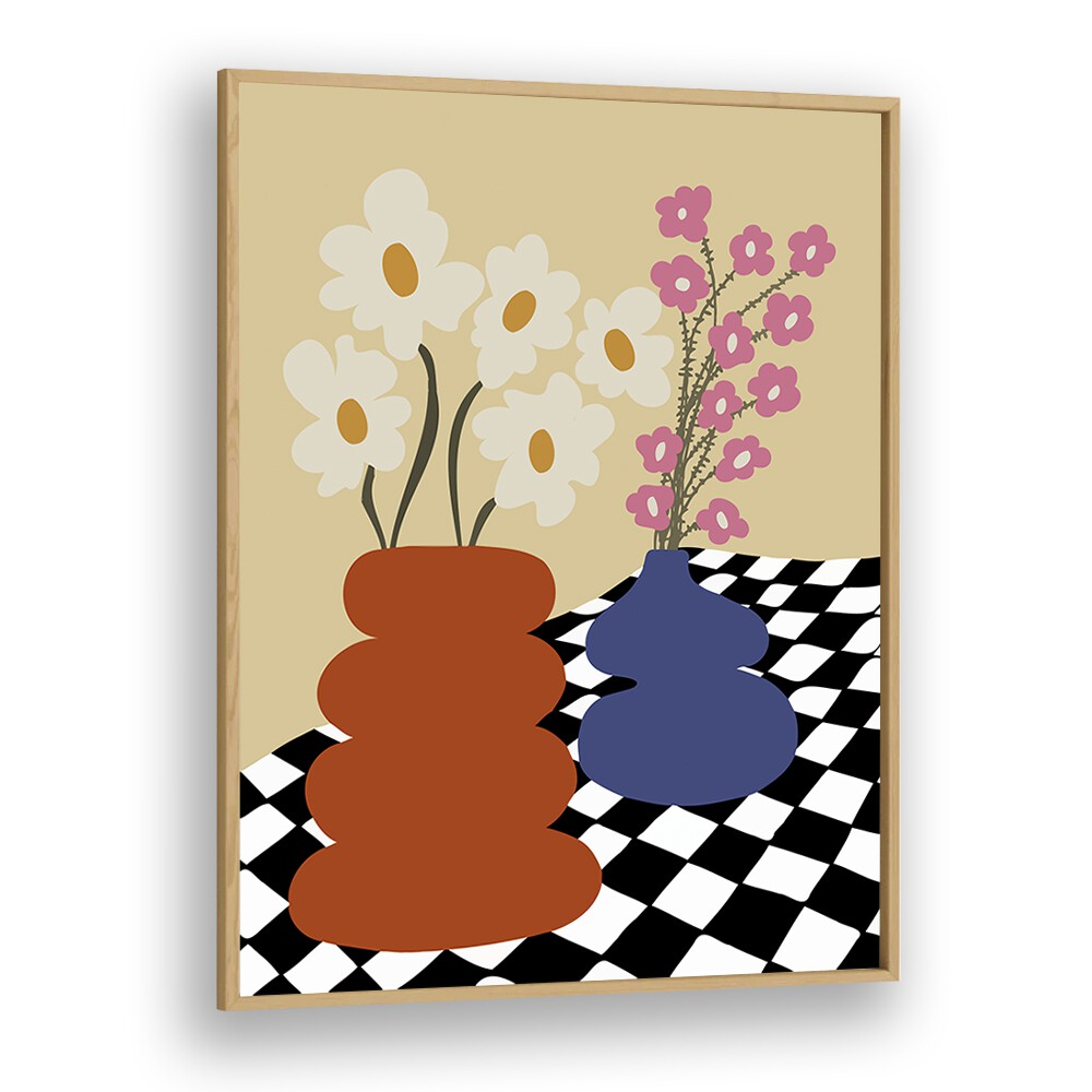 Two Blooming Pottery, Botanical Art Paintings Artwork in Oak Wood Plain Frame