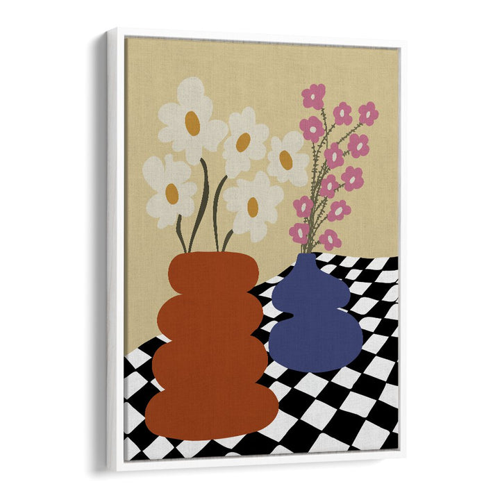 Two Blooming Pottery, Botanical Art Paintings Artwork in White Floater Frame