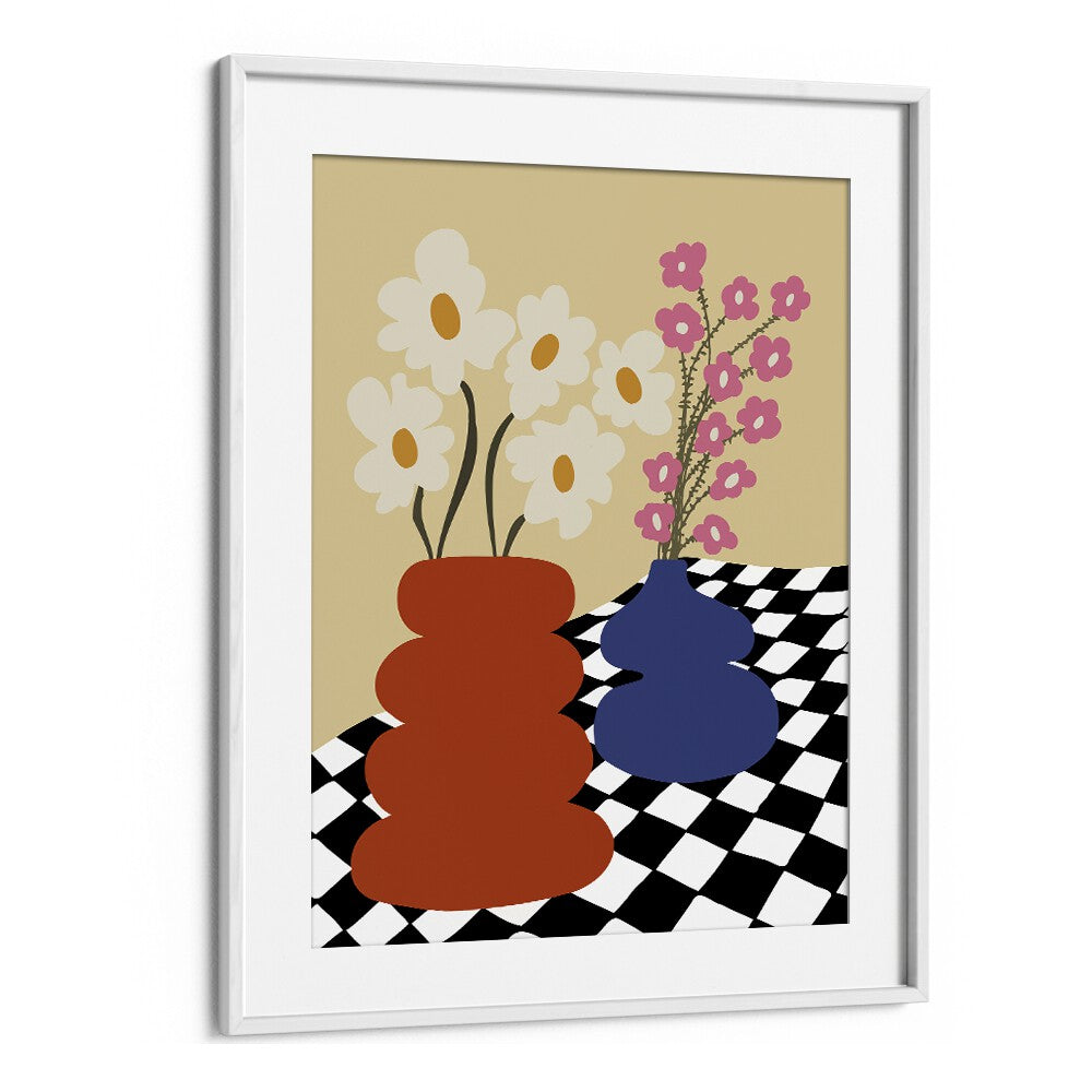 Two Blooming Pottery, Botanical Art Paintings Artwork in White Frame With Mount