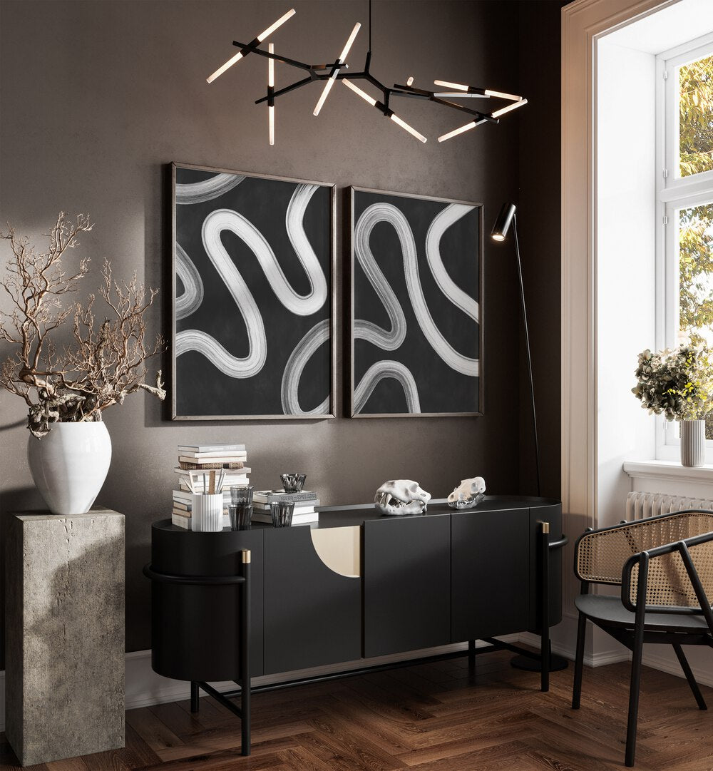 Stylish TYPOGRAPHIC CHAOS SET, SET OF 2 PAINTINGS enhances modern living spaces with bold design and vibrant colors.