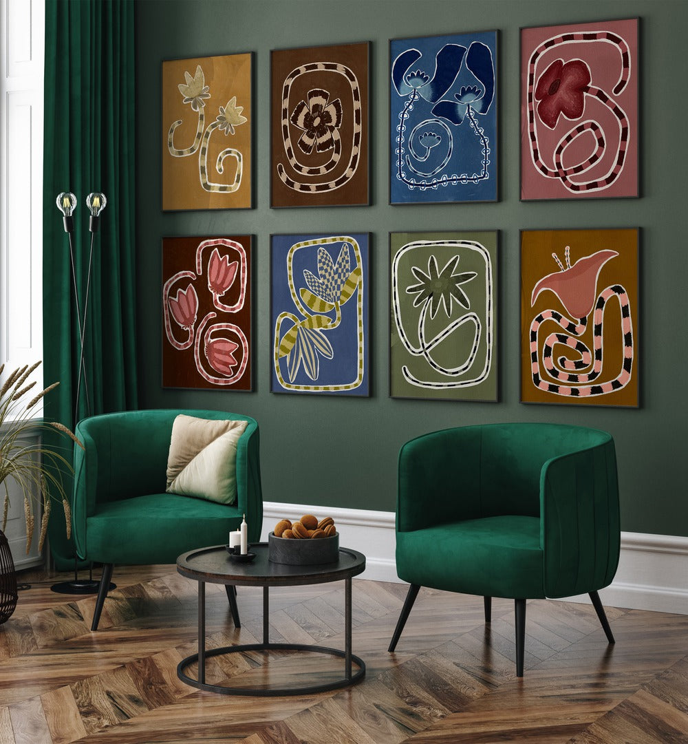 Transform your space with the Tangled Blossoms Gallery Wall, featuring fluid floral designs and vibrant colors.