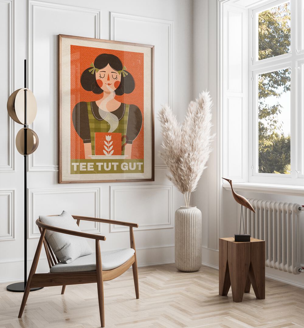 Exquisite "TEA LOVER" illustration by Julia Leister, showcasing a woman immersed in the art of tea enjoyment.