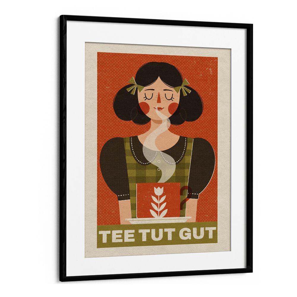Colorful illustration titled "TEA LOVER" by Julia Leister, showcasing a woman enjoying tea in a framed design.