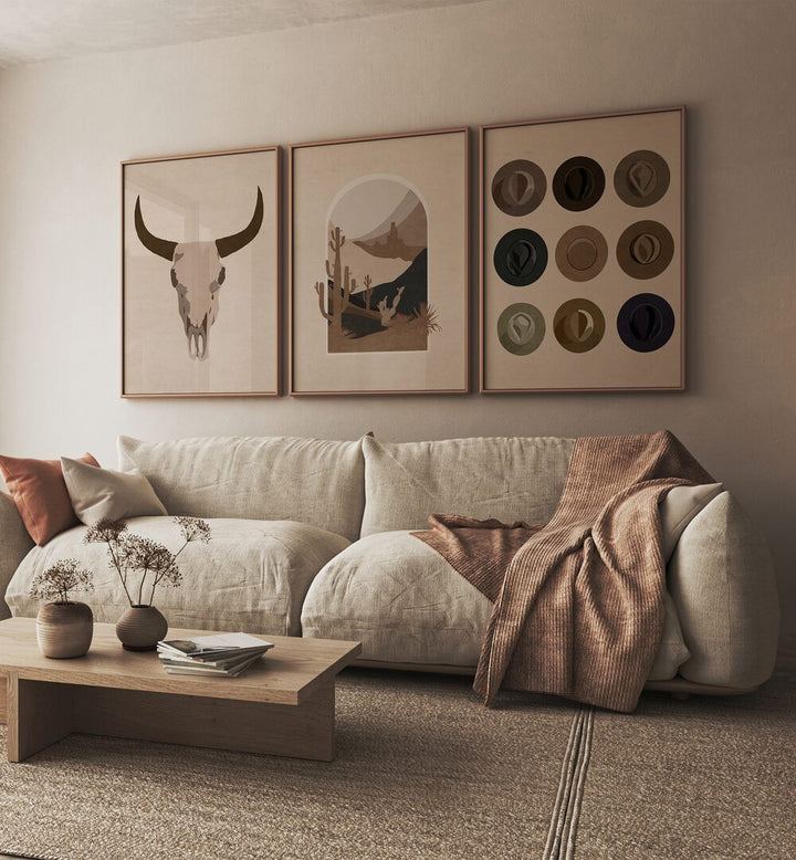 TEXAS RANCH, SET OF 3 PAINTINGS showcases Western Boho art, perfect for enhancing your living space.