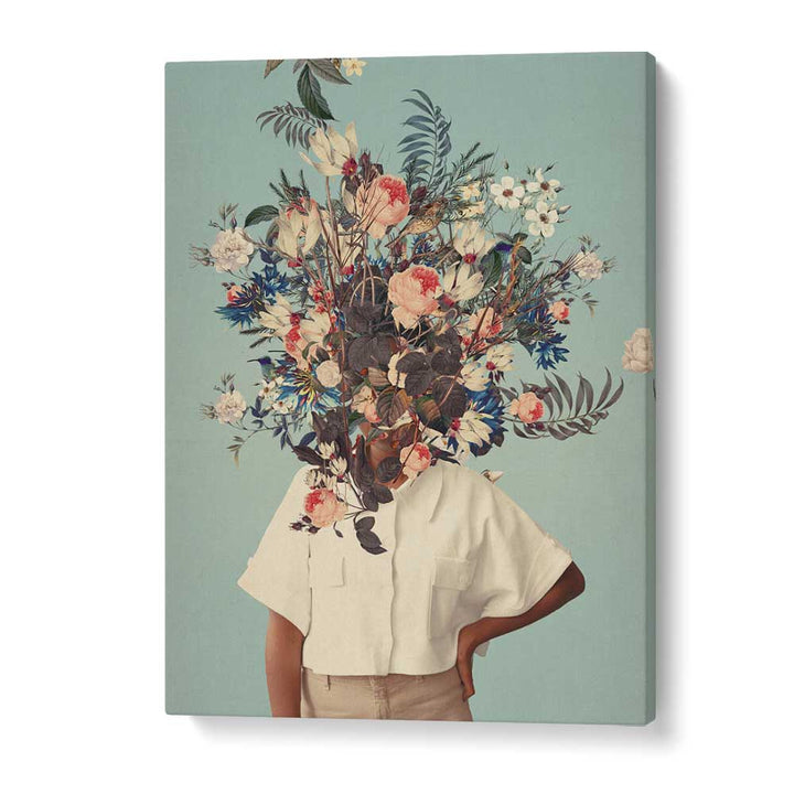 Whimsical flowers burst from a figure in Frank Moth's THANK GOD IT'S SPRING, SURREAL ART PRINTS for vibrant decor.