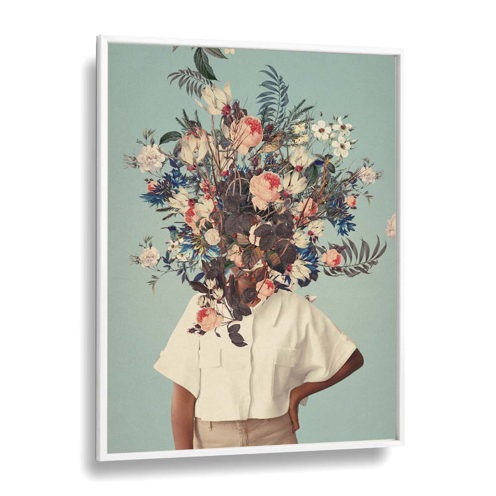 Surreal art prints featuring vibrant flowers and a minimalist figure, "THANK GOD IT'S SPRING" by Frank Moth.