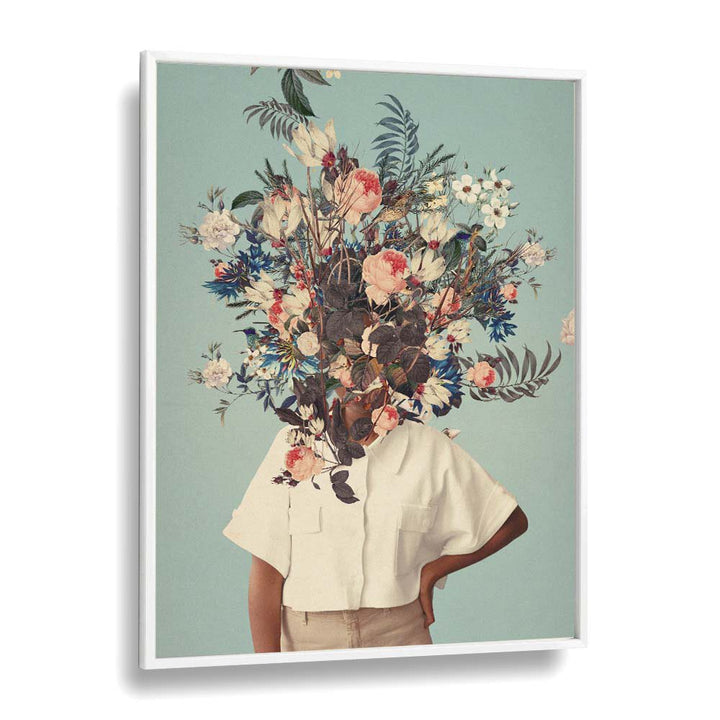 Surreal art prints featuring vibrant flowers and a minimalist figure, "THANK GOD IT'S SPRING" by Frank Moth.