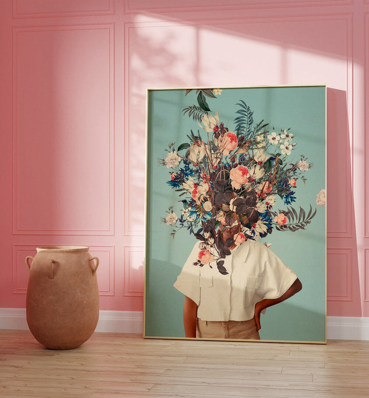 Whimsical floral artwork titled "Thank God It's Spring," showcasing surreal art prints by Frank Moth for vibrant decor.