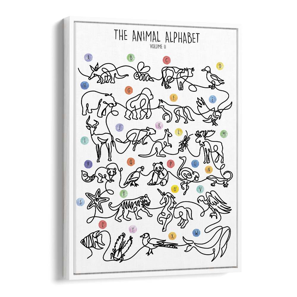 Whimsical "THE ANIMAL ALPHABET VOLUME II, KIDS ROOM PAINTINGS" canvas by Hanna Lee Tidd brightens children's spaces.