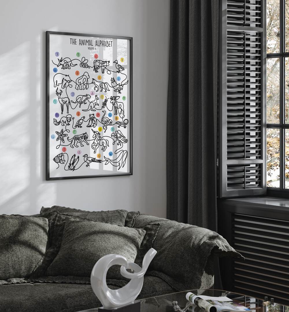 Colorful wall art featuring "THE ANIMAL ALPHABET VOLUME II, KIDS ROOM PAINTINGS" by Hanna Lee Tidd for vibrant learning.