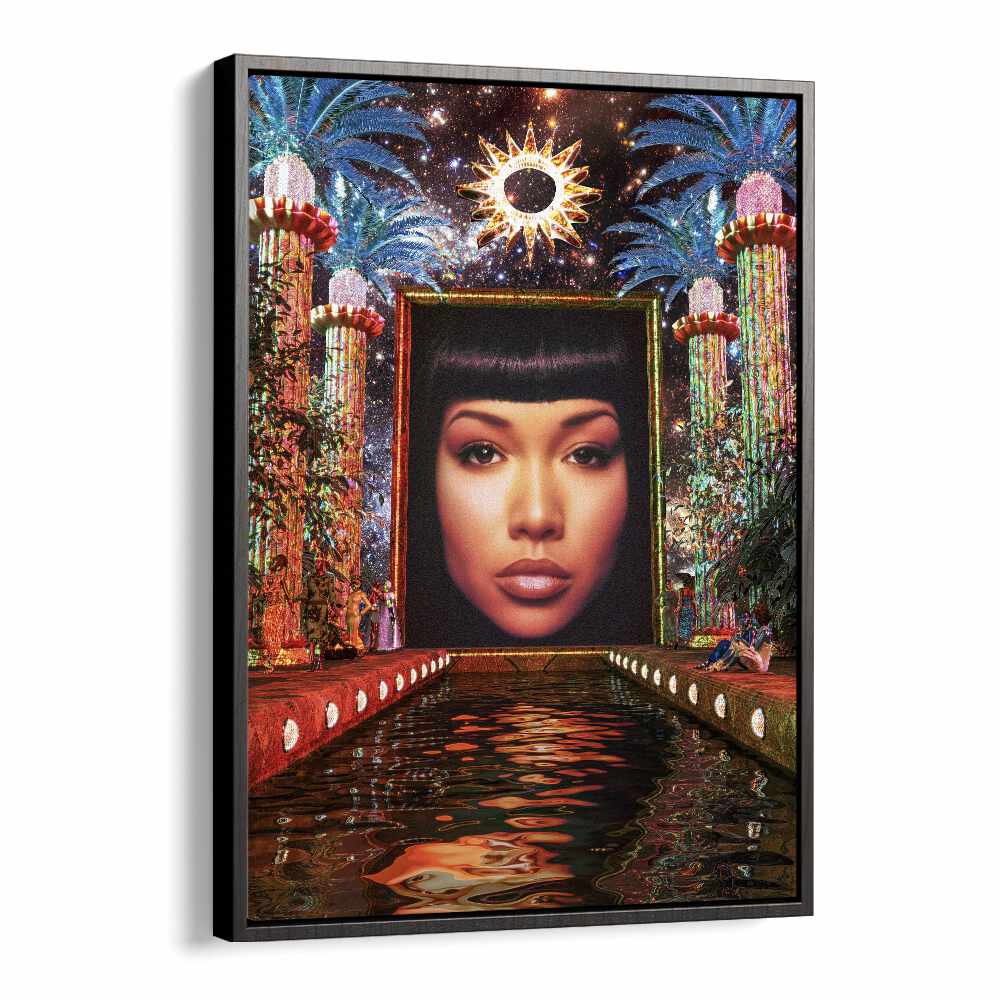 Elevate your space with THE BROADCAST, SURREAL ART PRINTS by Cosmo Zach in a stunning black floater frame.