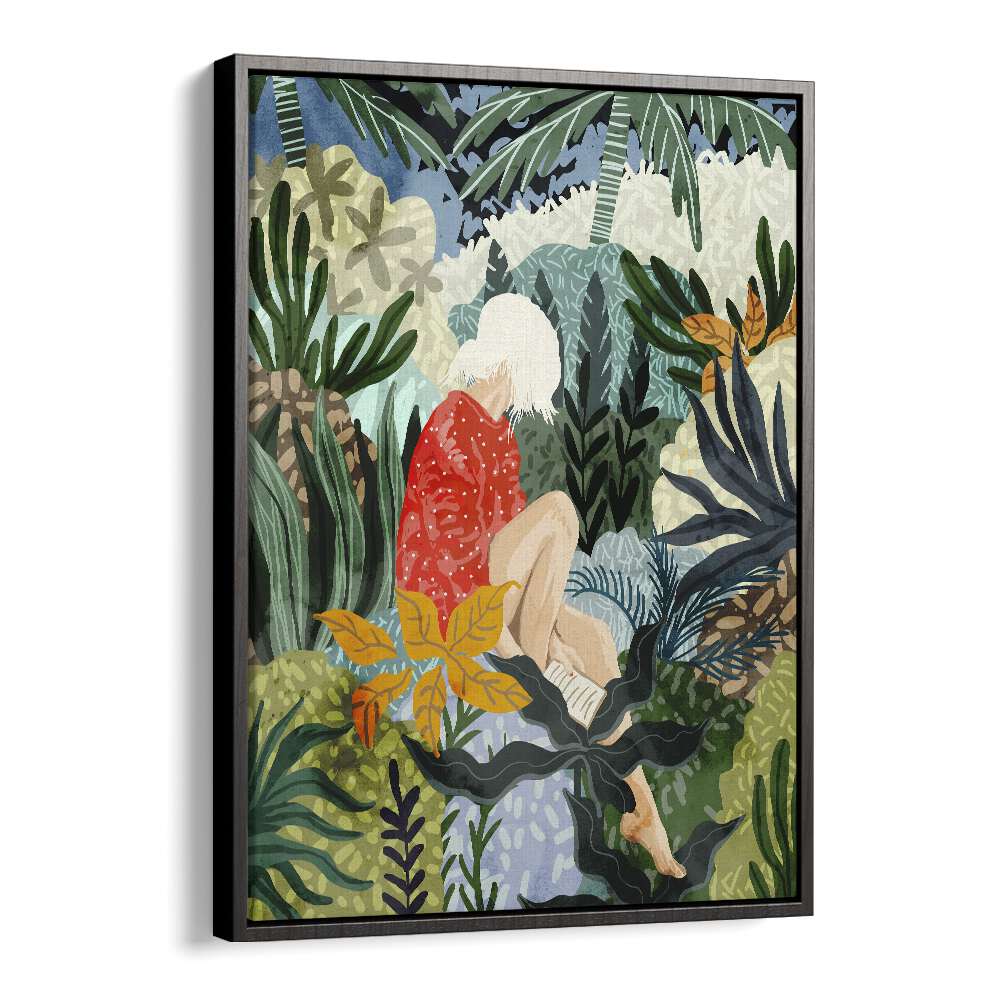 Colorful artwork from "THE DISTRACTED READER , PORTRAITS" showcases a woman immersed in nature by Uma Gokhale.