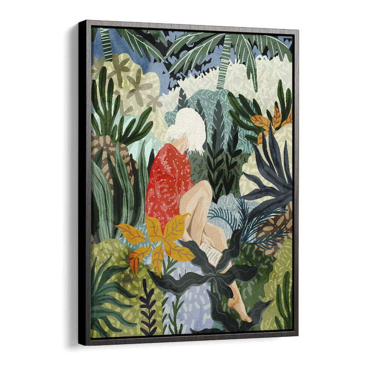 Colorful artwork from "THE DISTRACTED READER , PORTRAITS" showcases a woman immersed in nature by Uma Gokhale.