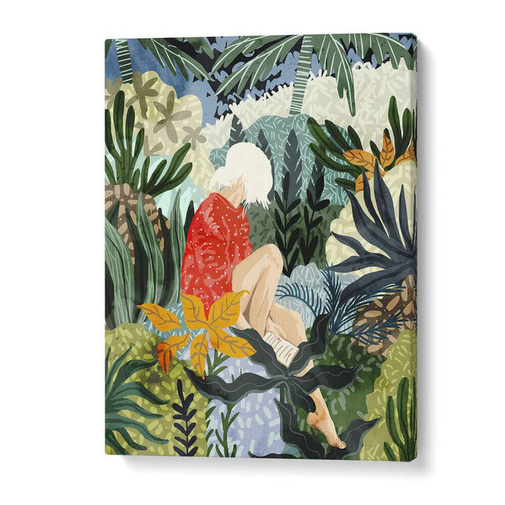 Vibrant artwork from THE DISTRACTED READER, PORTRAITS by Uma Gokhale, showcasing a contemplative woman in nature.