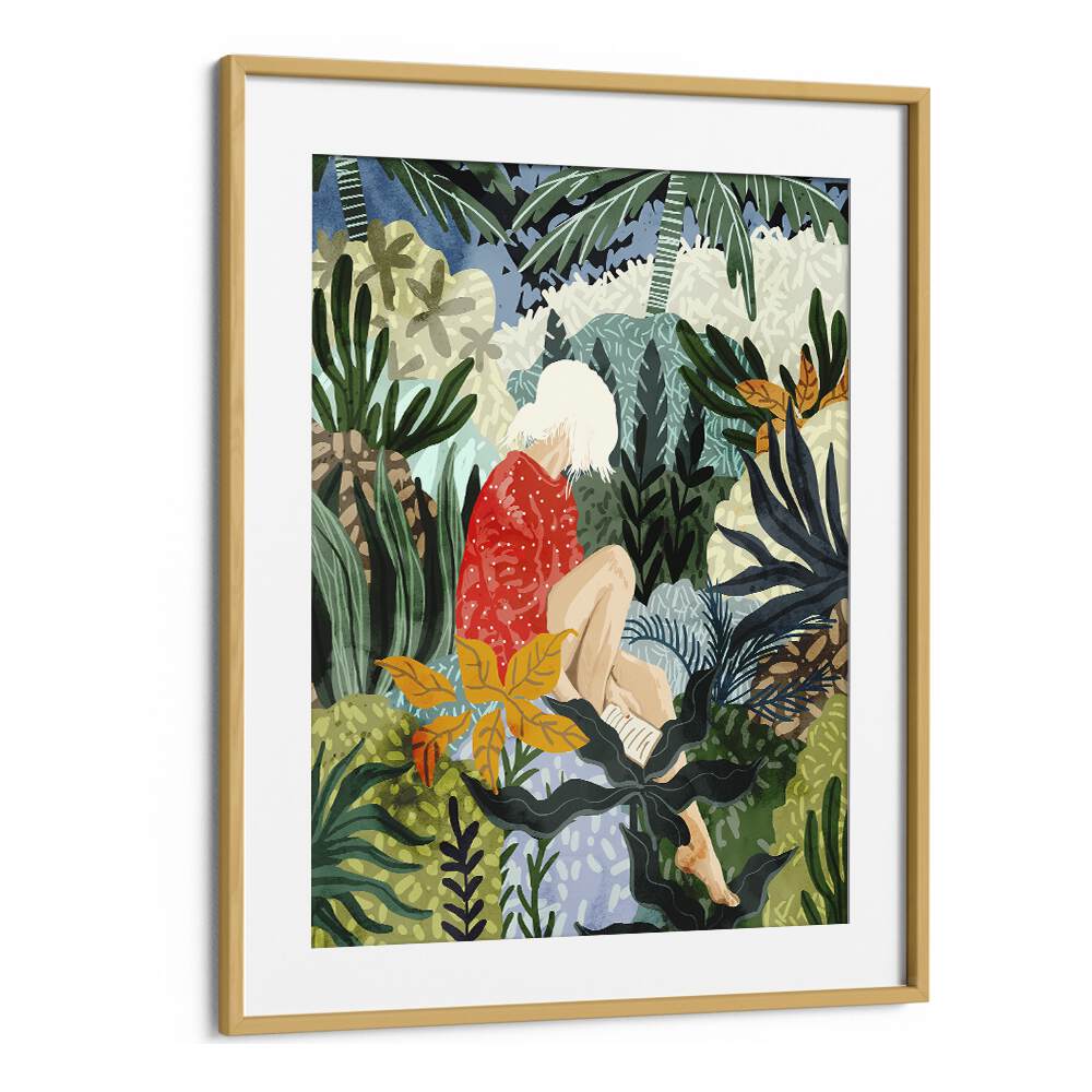 Stylish artwork titled THE DISTRACTED READER, PORTRAITS by Uma Gokhale showcases a serene woman surrounded by lush greenery.