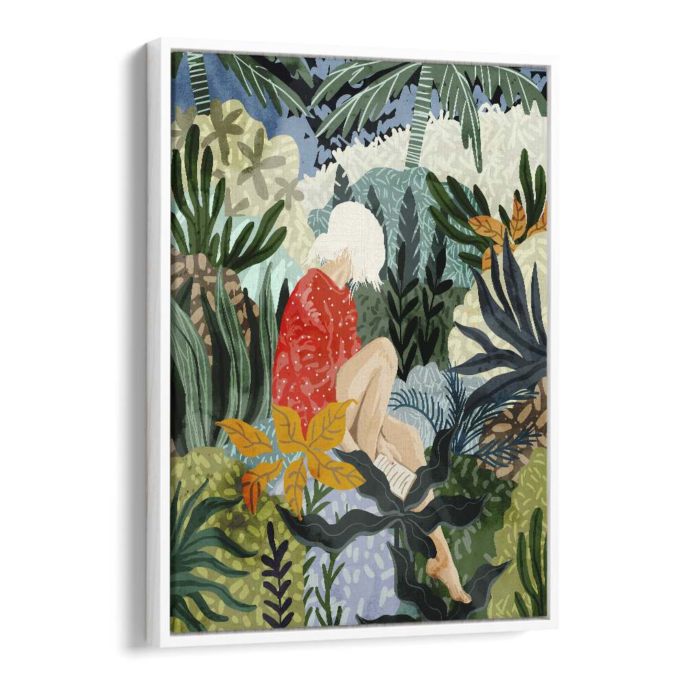 Vibrant artwork titled "THE DISTRACTED READER, PORTRAITS" by Uma Gokhale, showcasing a contemporary reader amidst lush greenery.