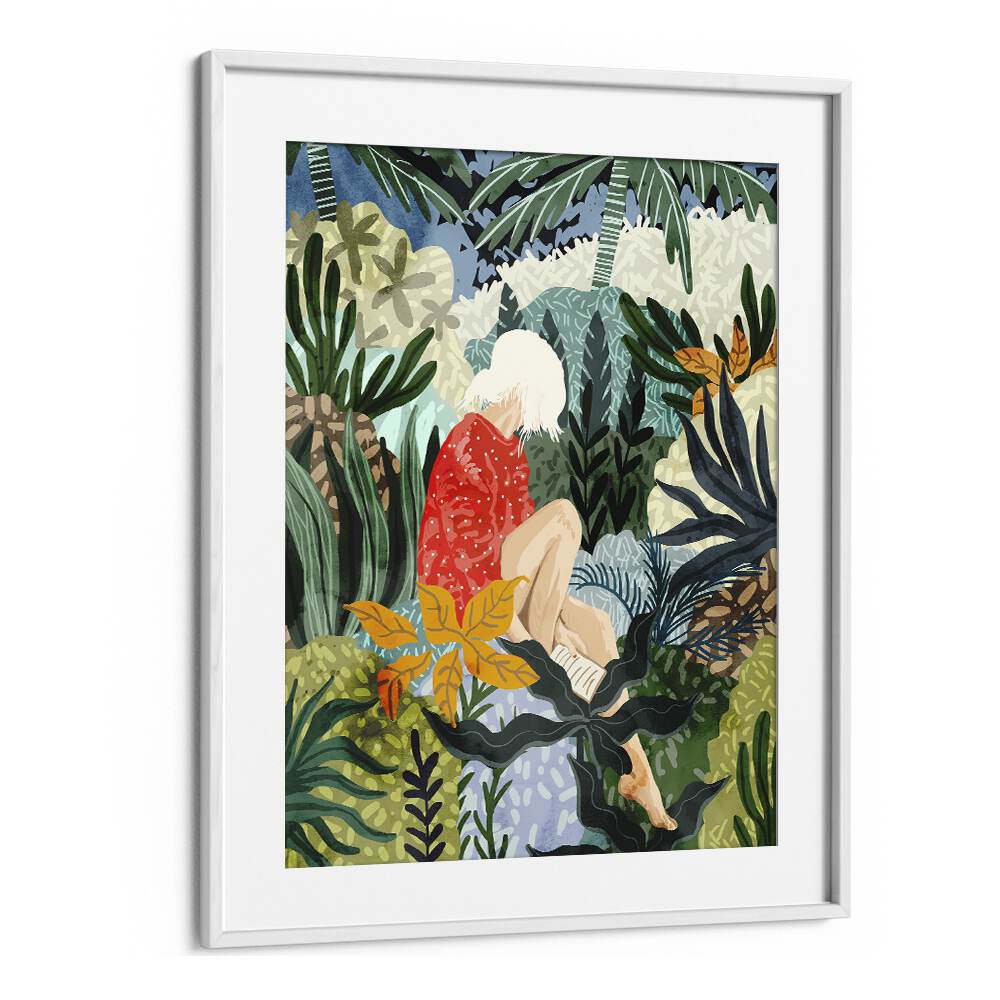 "The Distracted Reader, Portraits" features a serene woman immersed in nature, showcasing Uma Gokhale's artistic style.