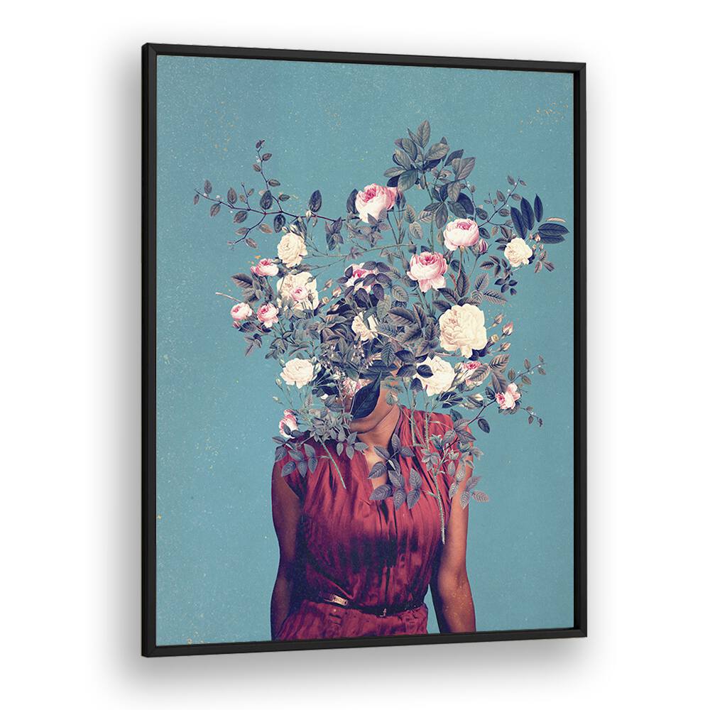 Surreal art print "THE FIRST NOON , SURREAL ART PRINTS" by Frank Moth features a floral headpiece on a vibrant backdrop.