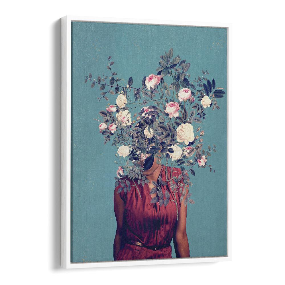 Captivating surreal art print, "THE FIRST NOON, SURREAL ART PRINTS" by Frank Moth, features a floral head design.