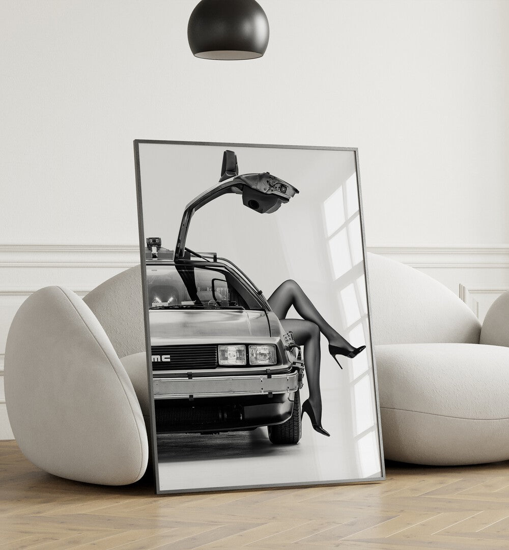 Stylish poster featuring "THE FUTURE IS FEMALE I, CAR POSTERS" by David Drake, blending art and automotive elegance.
