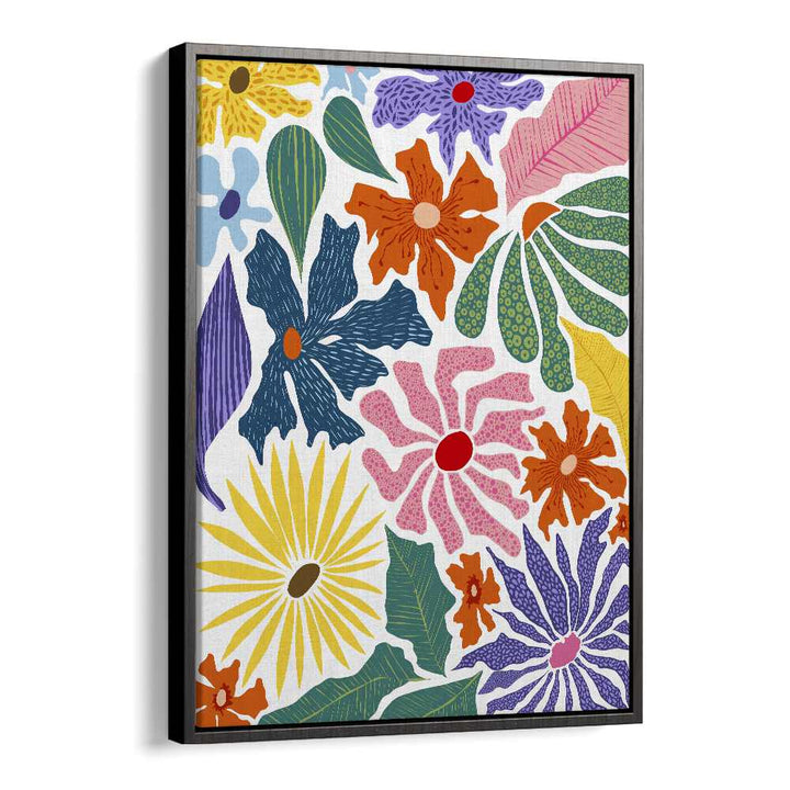 Colorful floral designs in a black floater frame, showcasing THE HAPPY GARDEN, FLORAL FLOWER PAINTINGS by Uma Gokhale.