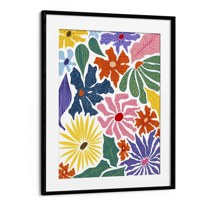 Vibrant floral designs in "THE HAPPY GARDEN, FLORAL FLOWER PAINTINGS" bring nature's beauty indoors by Uma Gokhale.