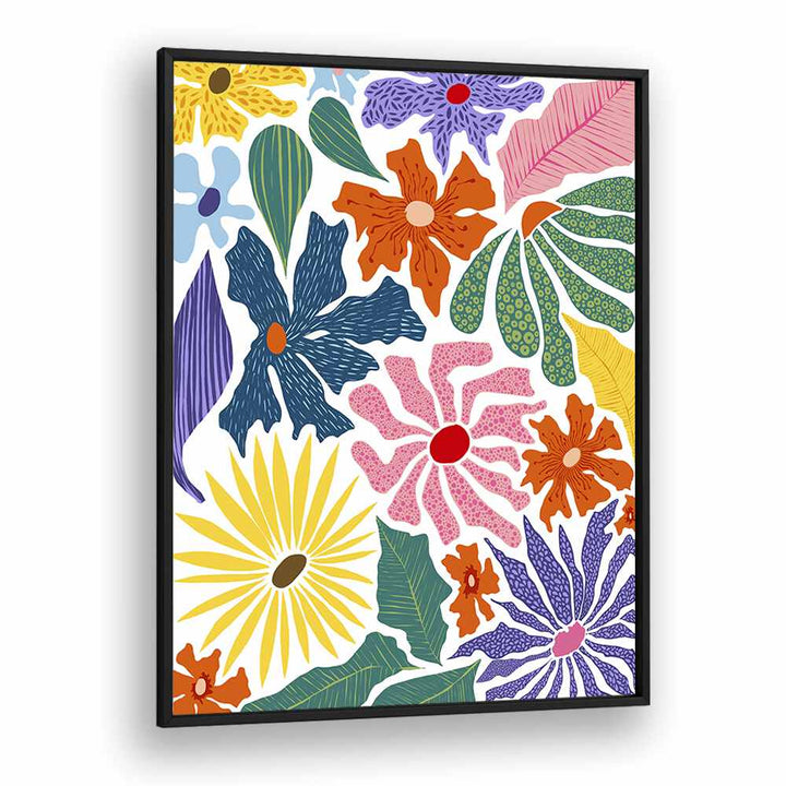 Vibrant floral patterns in THE HAPPY GARDEN, FLORAL FLOWER PAINTINGS by Uma Gokhale add life to any space.