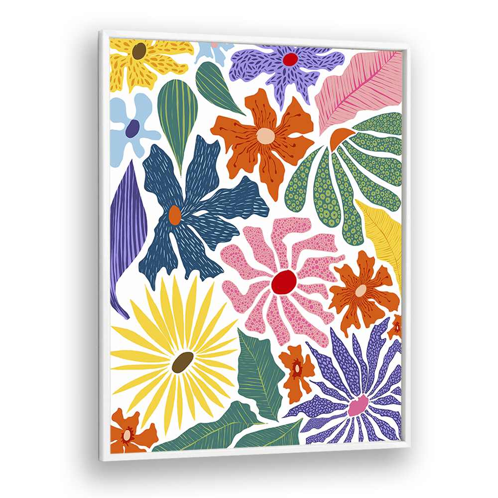 Vibrant colors and patterns in THE HAPPY GARDEN, FLORAL FLOWER PAINTINGS by Uma Gokhale brighten any space.