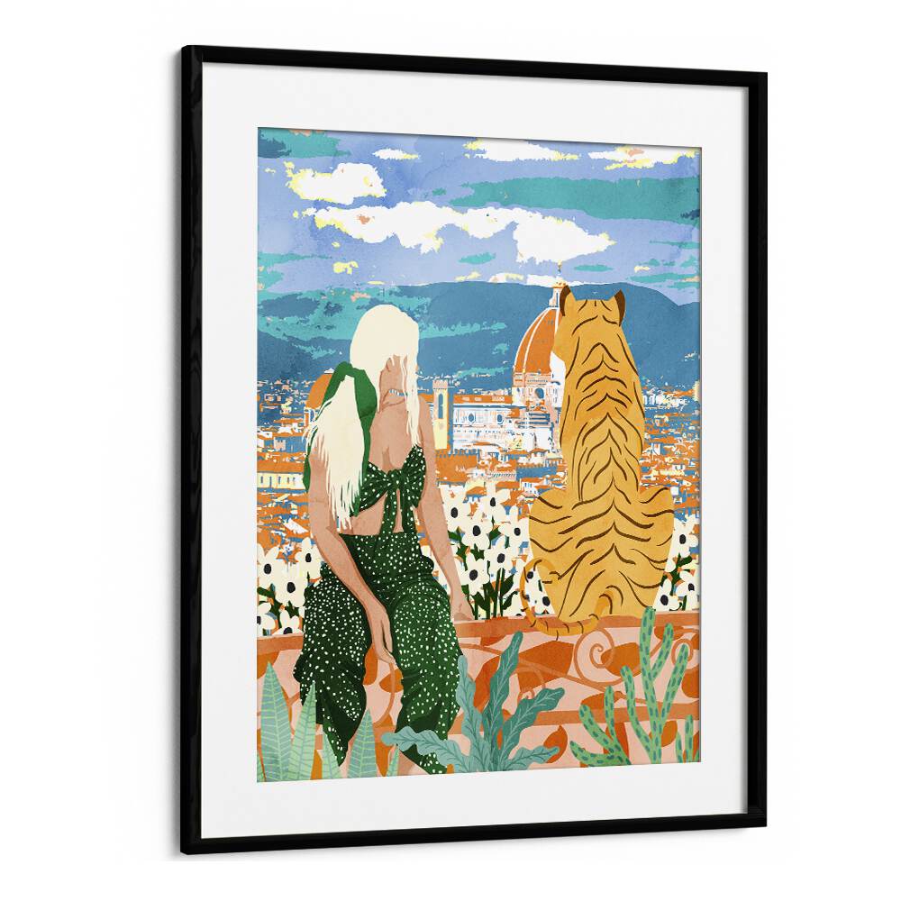Elegant art print "THE ITALIAN VIEW , PORTRAITS" by Uma Gokhale showcases a girl and tiger overlooking Florence.