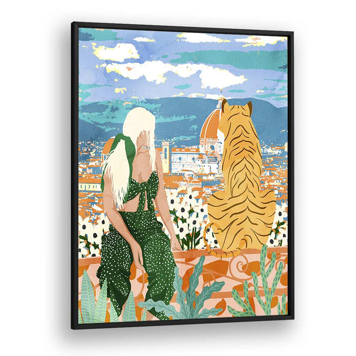 Explore THE ITALIAN VIEW, PORTRAITS featuring a woman and a tiger overlooking a vibrant Italian landscape by Uma Gokhale.