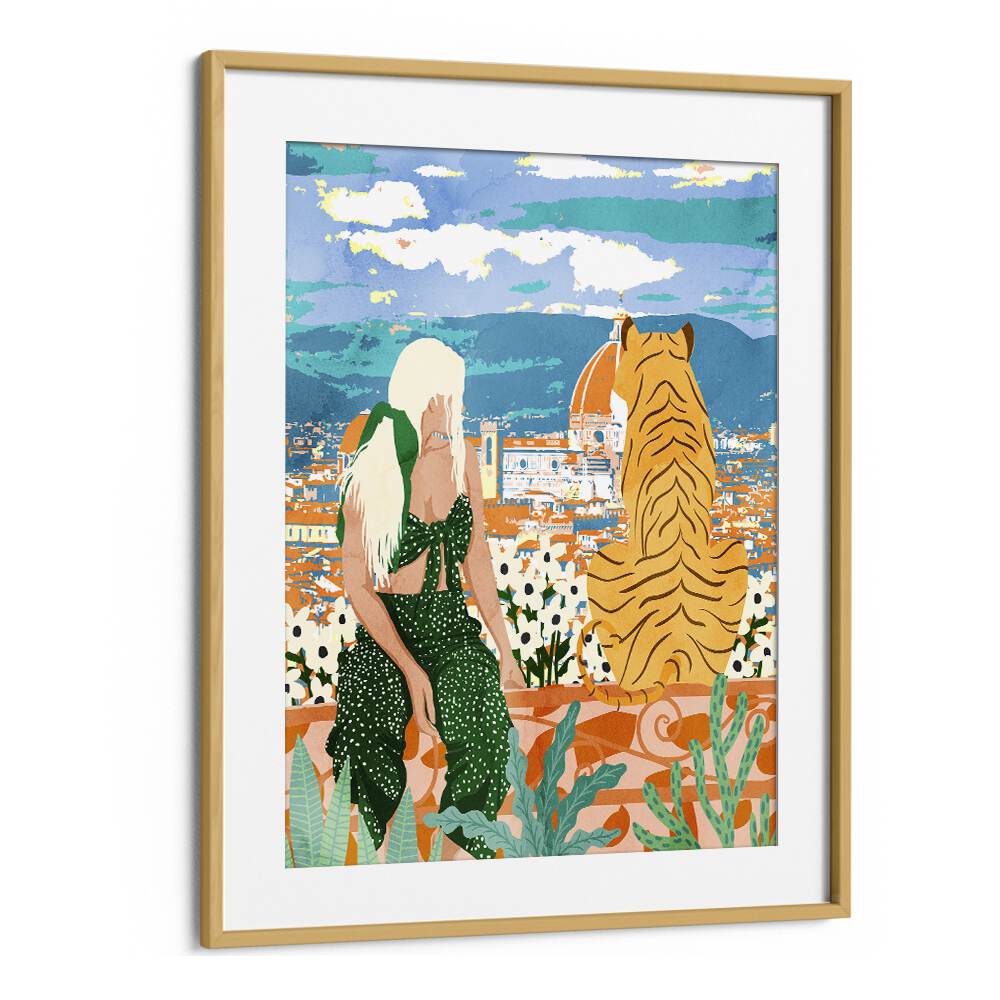 Art print "THE ITALIAN VIEW, PORTRAITS" by Uma Gokhale showcases a woman and tiger amidst Italian landscapes.