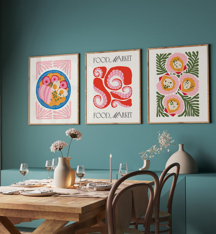 Transform your kitchen with THE KITCHEN SET, SET OF 3 PAINTINGS from Asian Monk, featuring vibrant framed art prints.