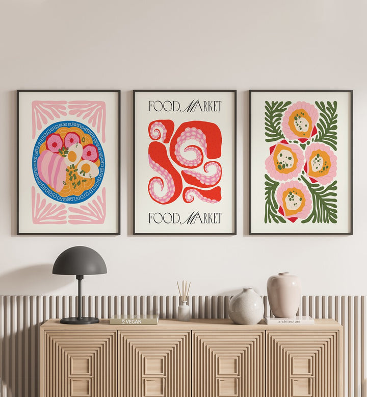 Brighten your culinary space with THE KITCHEN SET, SET OF 3 PAINTINGS from Asian Monk, featuring vibrant art prints.