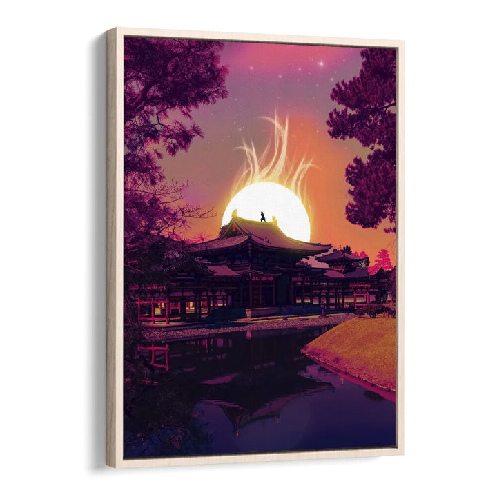 "THE LAST SAMURAI, SURREAL ART PRINTS by Ritvik Takkar showcases a vibrant sunset over traditional architecture."