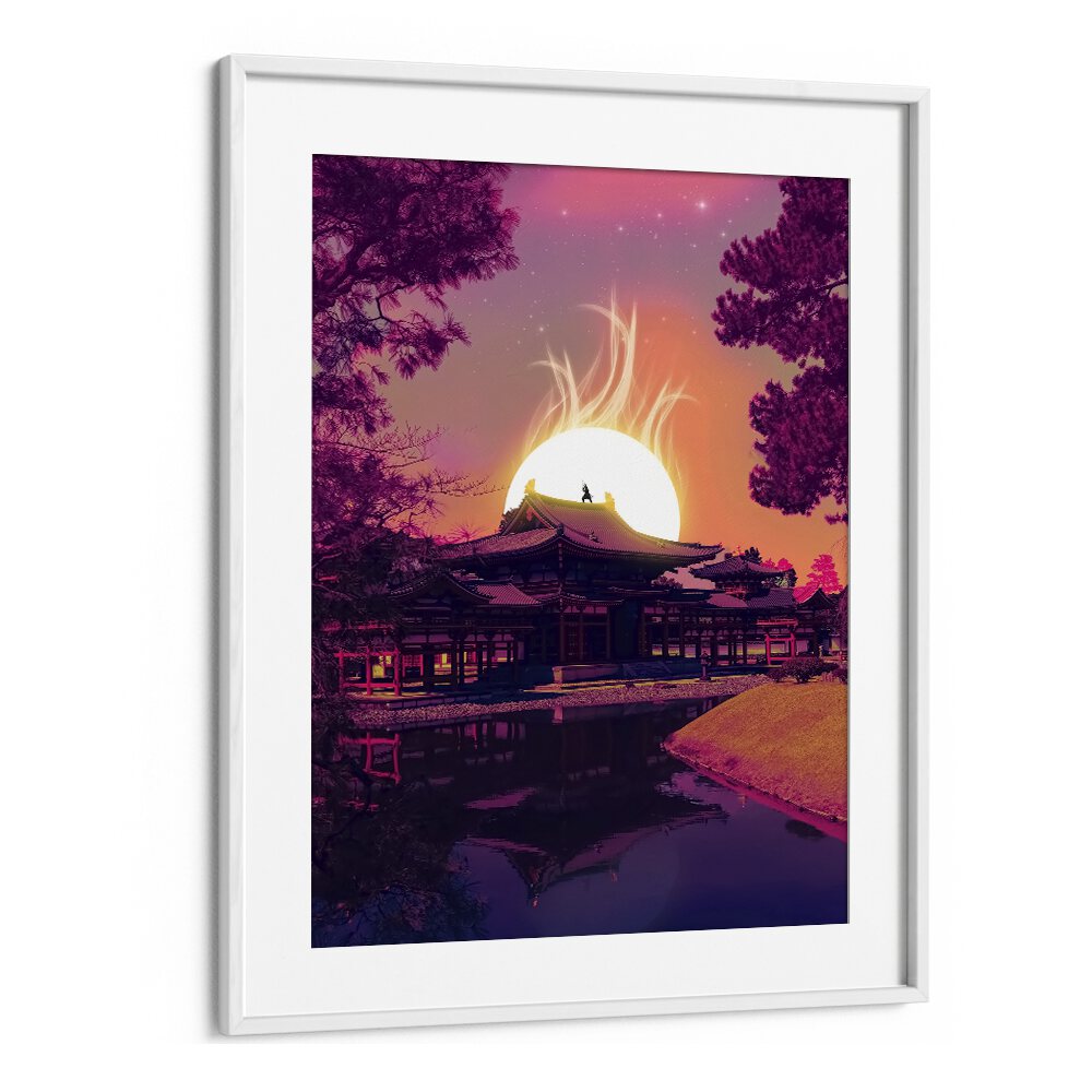 "The Last Samurai, Surreal Art Prints" by Ritvik Takkar, features a vibrant sunset over a serene Japanese landscape.